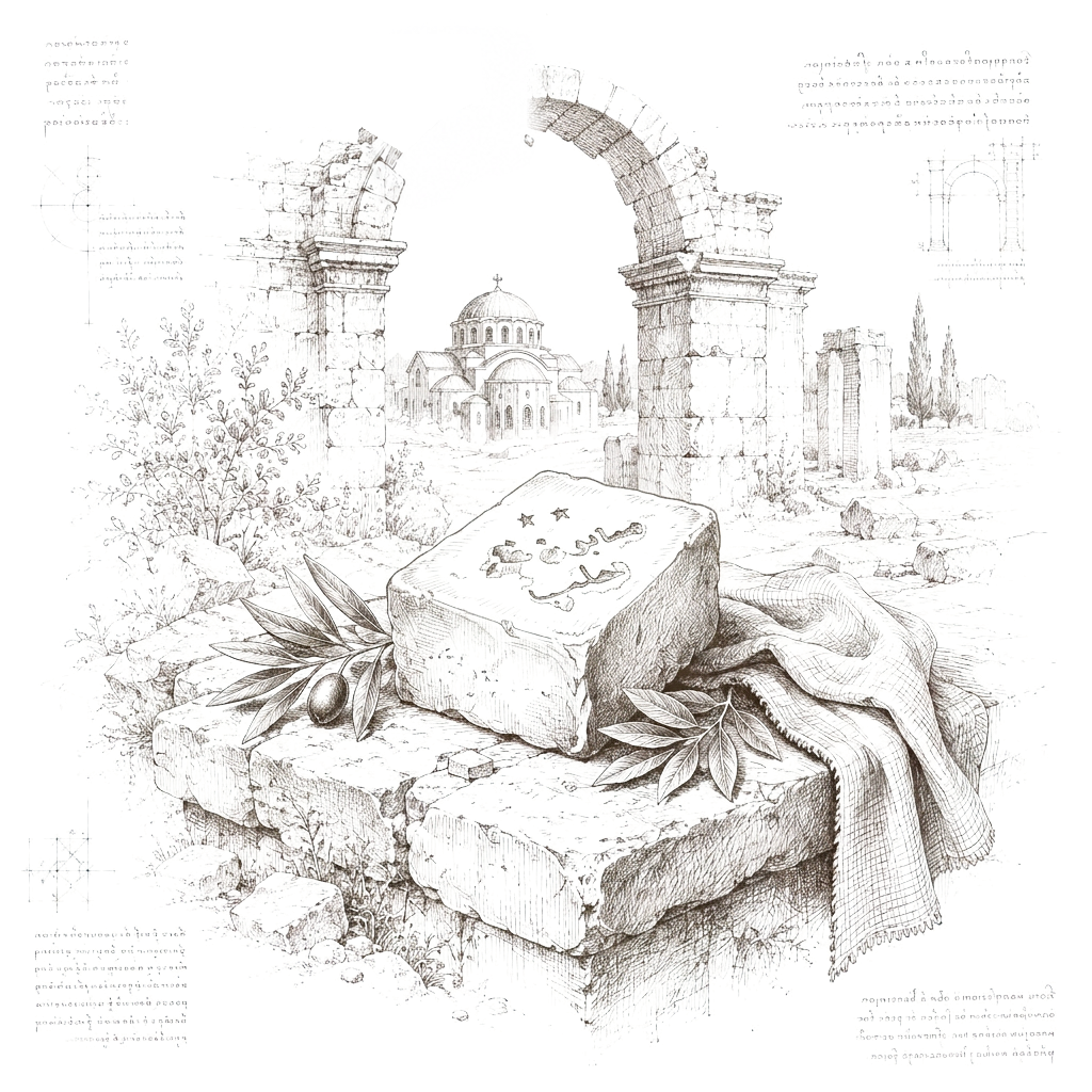 Sketch of the Aleppo beard soap bar on a ruined Byzantine ledge