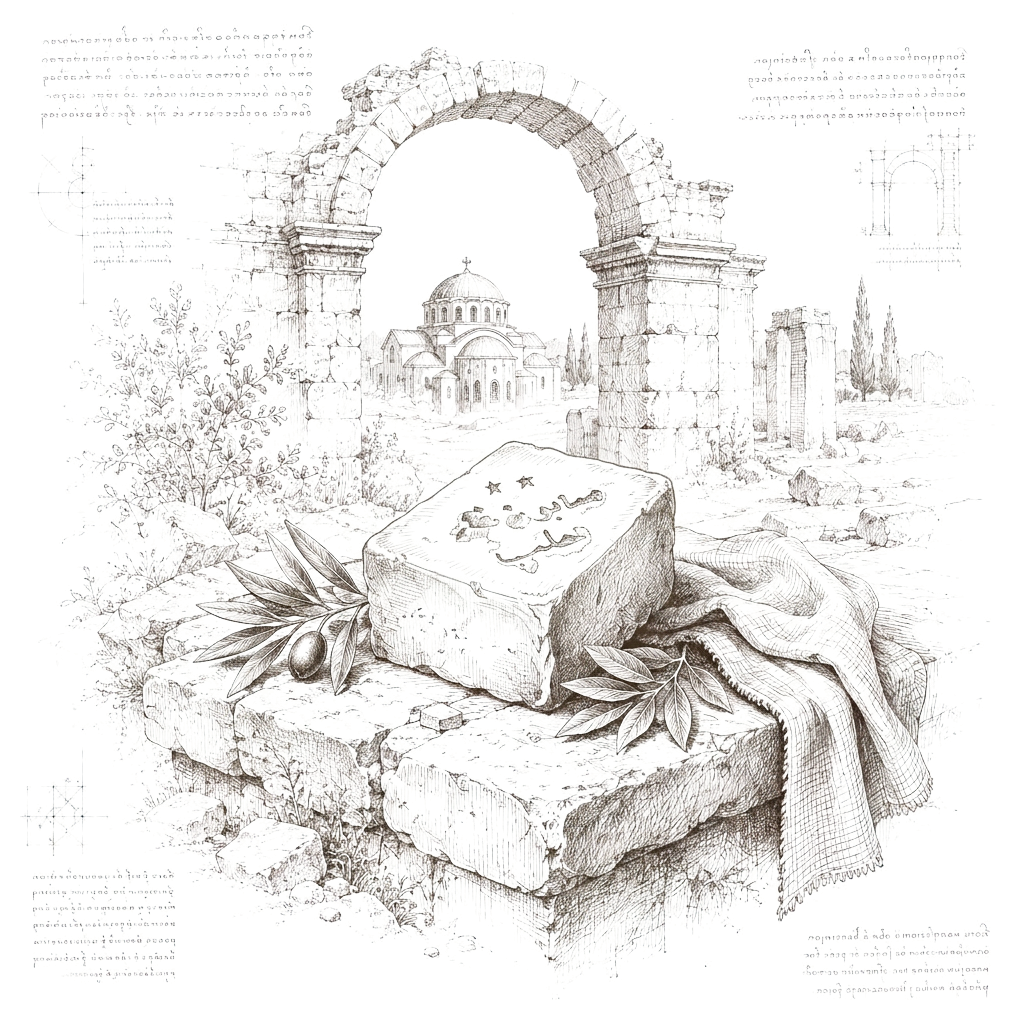 Sketch of the Aleppo beard soap bar on a ruined Byzantine ledge